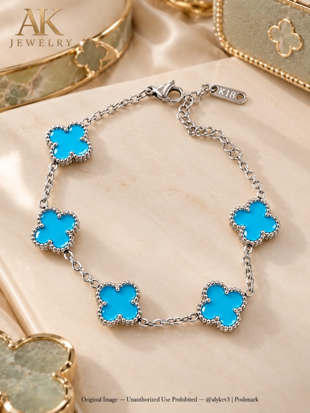💎LUXURY 18k Turquoise Blue Clover 5 Motif Beaded Bracelet GP | AK Jewelry™